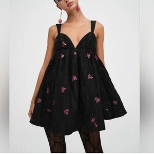 For Love & Lemons Sachi Black Mini Babydoll Dress Pink Floral Embroidery Medium